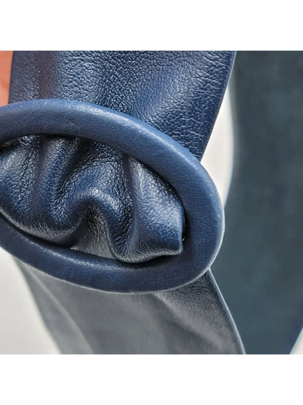 Vtg 50s Navy Blue  Leather Belt With Oval Knotted Buckle Design Adjustable Tie C
